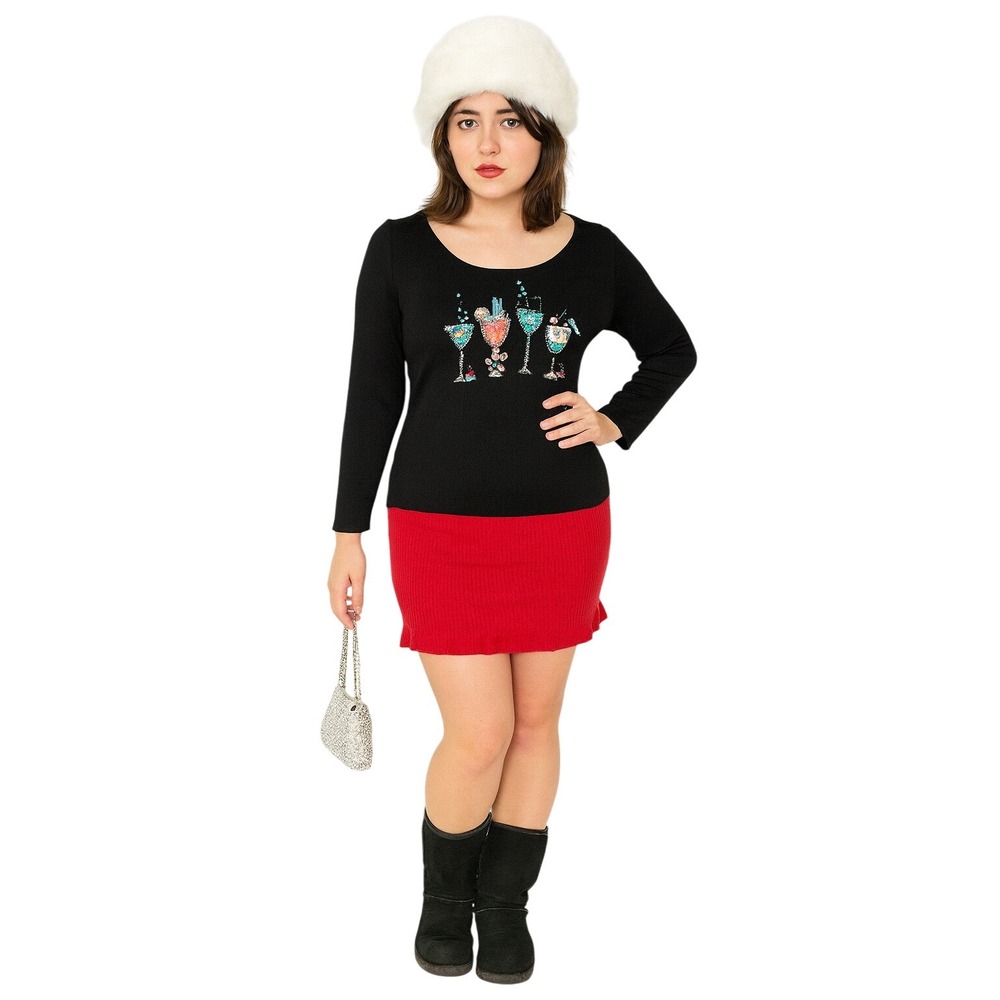 SWEATERWORKS 90s kitschy Beaded Cocktail Drink Sequin Black ribbed Knit Top L